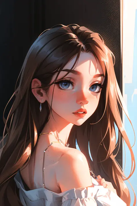 sam yang,

1girl, back, bare shoulders, blue eyes, brown hair, earrings, freckles, jewelry, lips, long hair, looking at viewer, looking back, necklace, off shoulder, parted lips, portrait, day, depth of field, solo

, ((masterpiece))