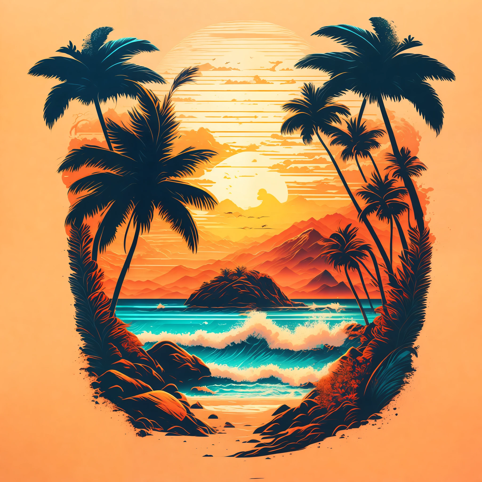 Пляж в летнем пейзаже, дизайн футболки, середина пути, векторное искусство, гидро74