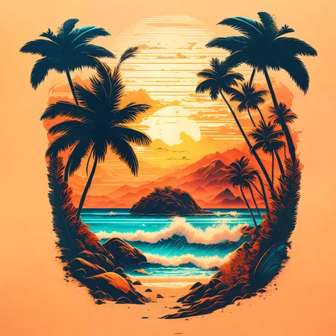 A beach in a summer landscape, T-shirt design, Midjourney, Vector Art, Hydro74