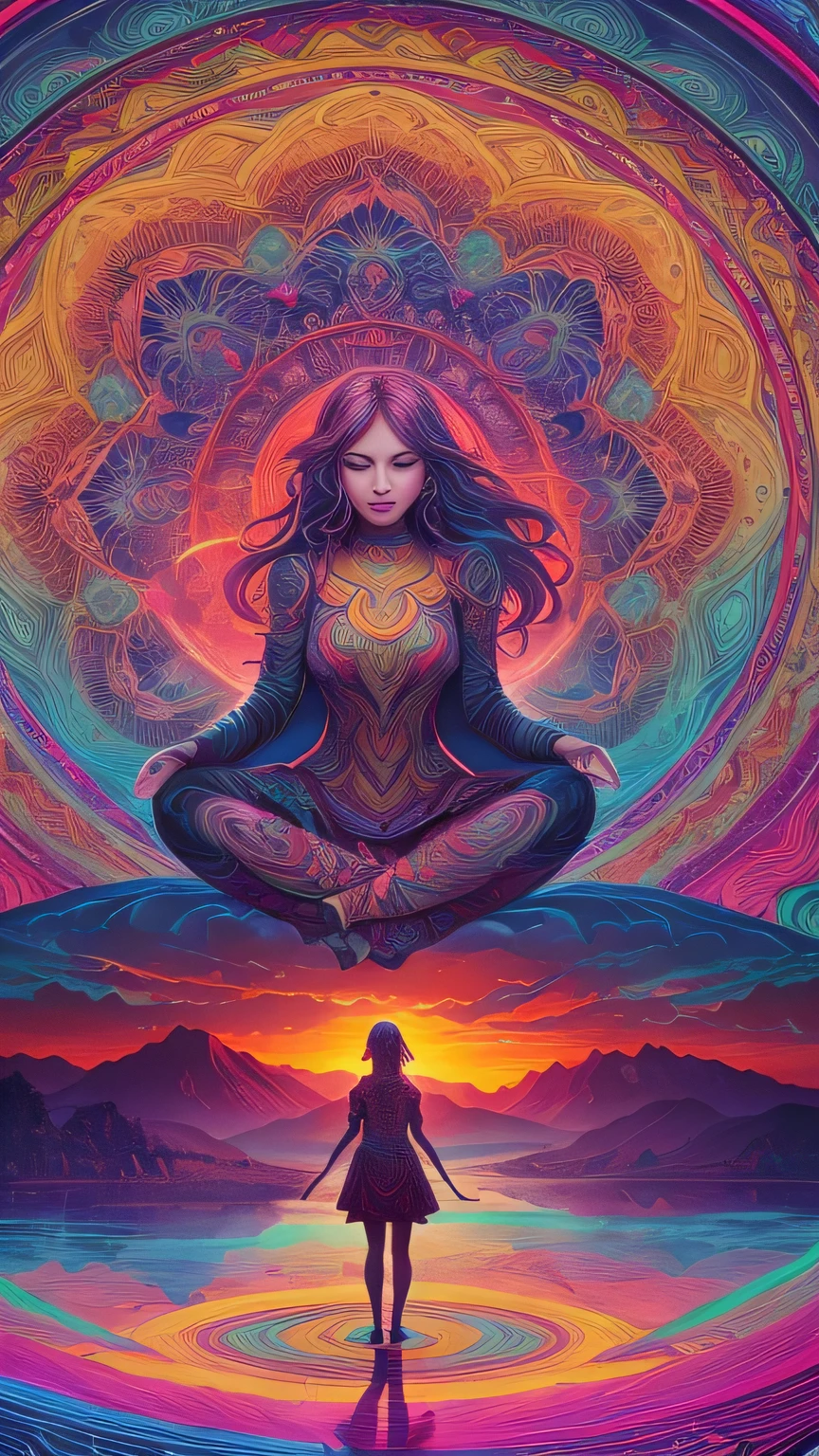 woman over 22 years of age looking at zenith, meditating, arms wide open, cinematic, 4k ultra, beautiful face, ((full body)), detailed, perfect fingers, beautiful woman: 1.3, beautiful face with good sharpness, saturated colors, psychedelic image, LSD, mandala, fractral, 3D depth, dan mumford and alex grey style, sunset psychedelic, kilian eng vibrant colours, psychedelic landscape, kilian eng vibrant colors, dan mumford and albert bierstadt, official artwork, in the style dan mumford artwork, dan mumford paint, jen bartel, psychedelic art style, mythical floral hills --auto --s2