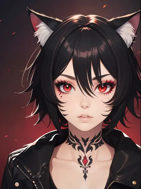 1girl, black hair, cat ears, animal ears, animal ear fluff, emo punk style, makeup, dark skin, facial mark, hair between eyes,li...