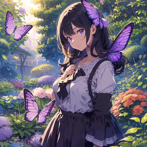 (masterpiece:1.2), best quality,PIXIV, The Garden of Words,butterflies , ((purple)),butterflies , ((purple)),butterflies , ((pur...