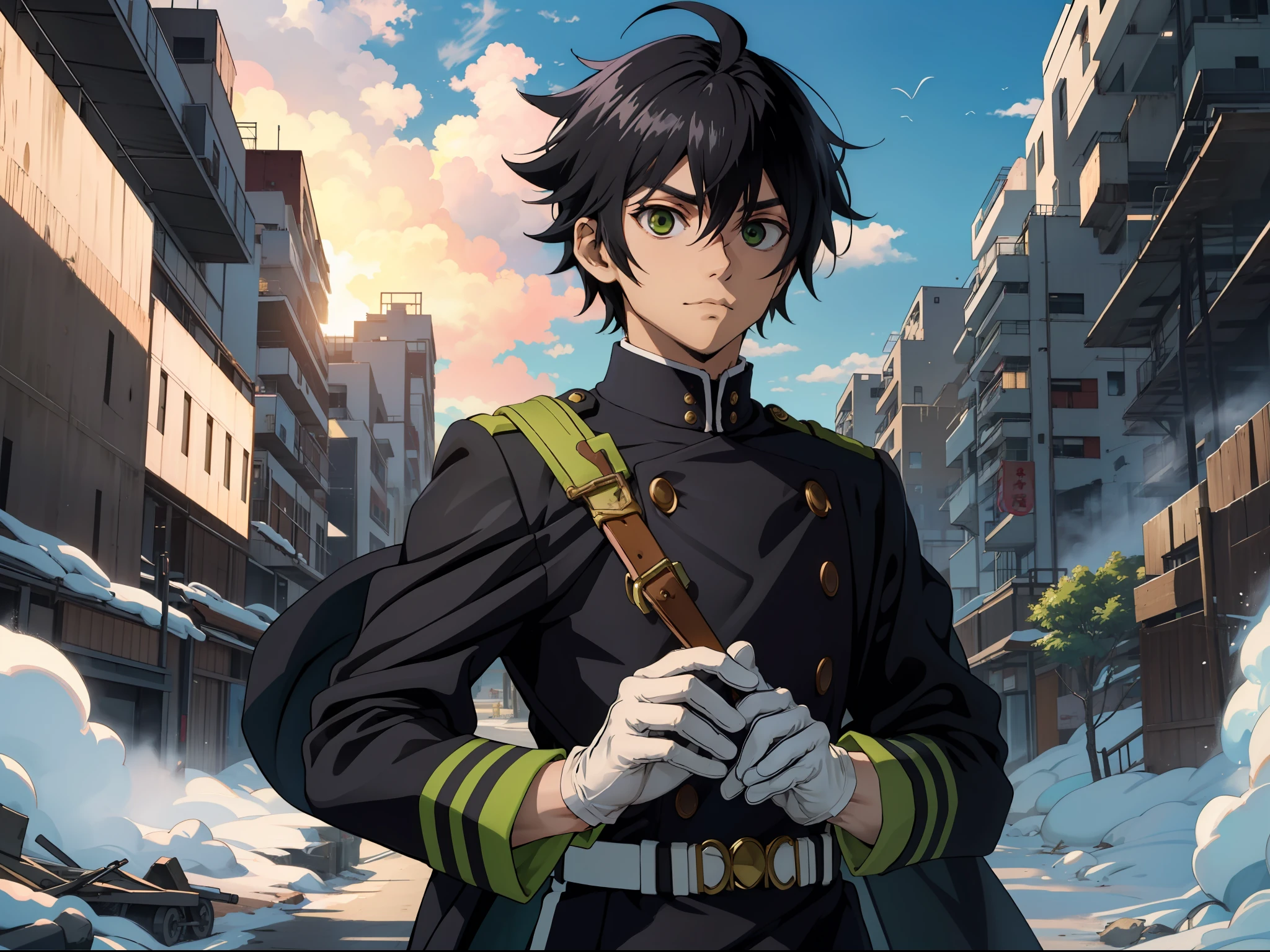 (obra de arte:1.4), (melhor qualidade:1.2),  Yuichiro Hyakuya, 1 homem, Cabelo preto, Roupas militares, luvas brancas