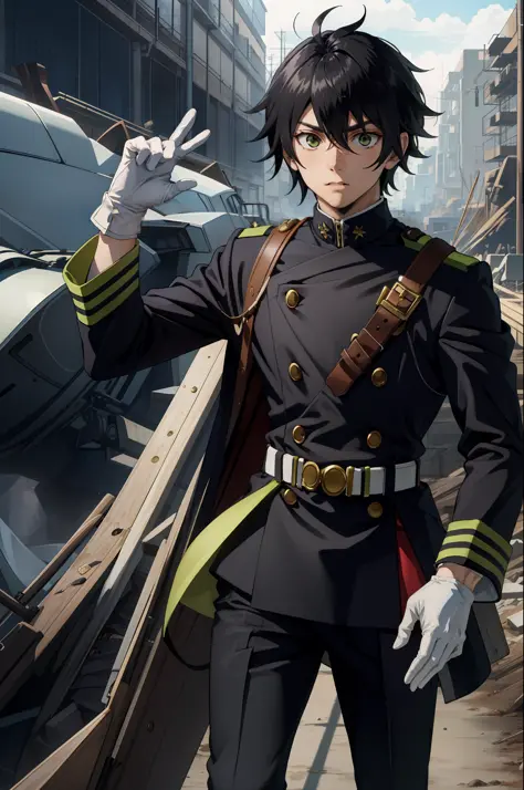 (巨作:1.4), (Best quality:1.2),  Yuichiro Hyakuya, 1 man, Black hair, military clothes, White gloves