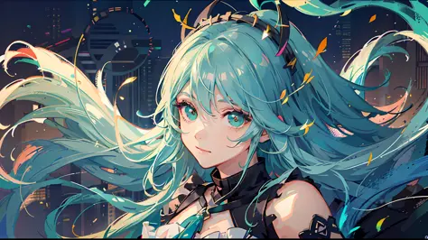 HATSUNEMIKU、A masterpice、beste-Quality、Hi-Def、Momiku、epaulet、cow-boy shot、stage、The  is standing、a smile、arms at the sides、