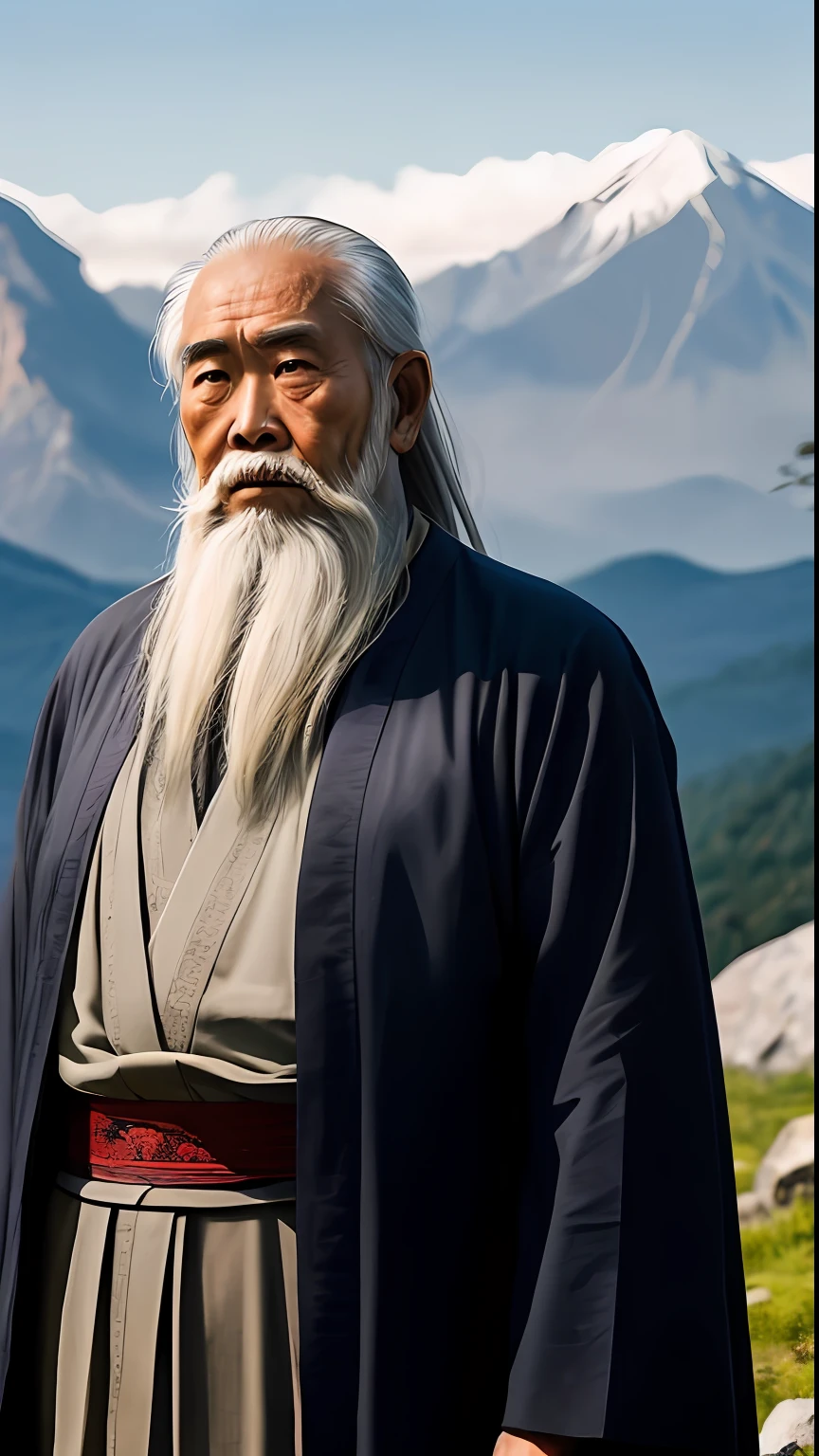 A man with a long beard, Wise old man, inspired by Wu Daozi, Inspired by Hu Zaobin, inspired by Li Gonglin, An old man, very long white beard and hair, old jedi master, a old man, Ancient mysteries，Old man, long grey beard，Men，Old man，Ancient wind，Antiquity，High mountains in the background，The background is blurred out，A wise man，chineseidol，Upper body body，Body size 90 pounds，Asian face，A mysterious old gentleman from the East