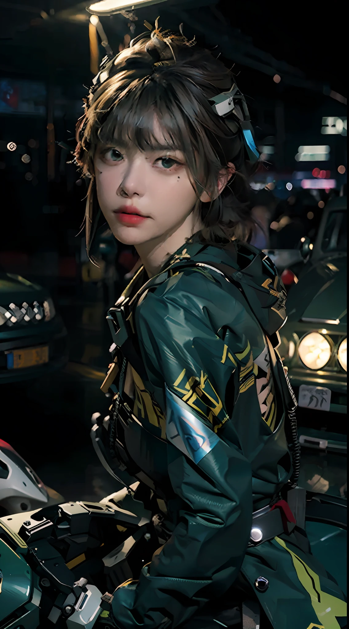 Highest image quality, outstanding details, ultra-high resolution, (realism: 1.4), the best illustration, favor details, highly condensed 1girl, with a delicate and beautiful face, dressed in a black and green mecha, wearing a mecha helmet, holding a directional controller, riding on a motorcycle, the background is a high-tech lighting scene of the future city.