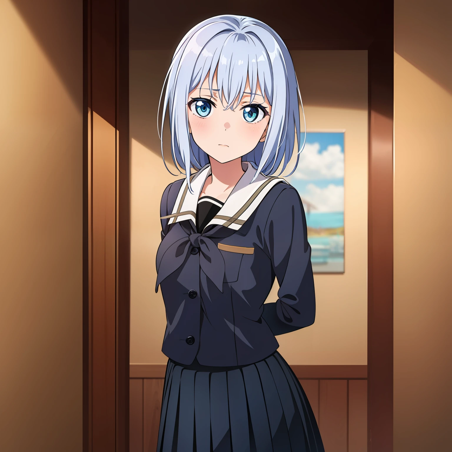 (masterpiece, best quality:1.2), cowboy shot, solo, 1girl, kurata mashiro, nervous, looking at viewer, arms behind back, school uniform, serafuku, sailor collar