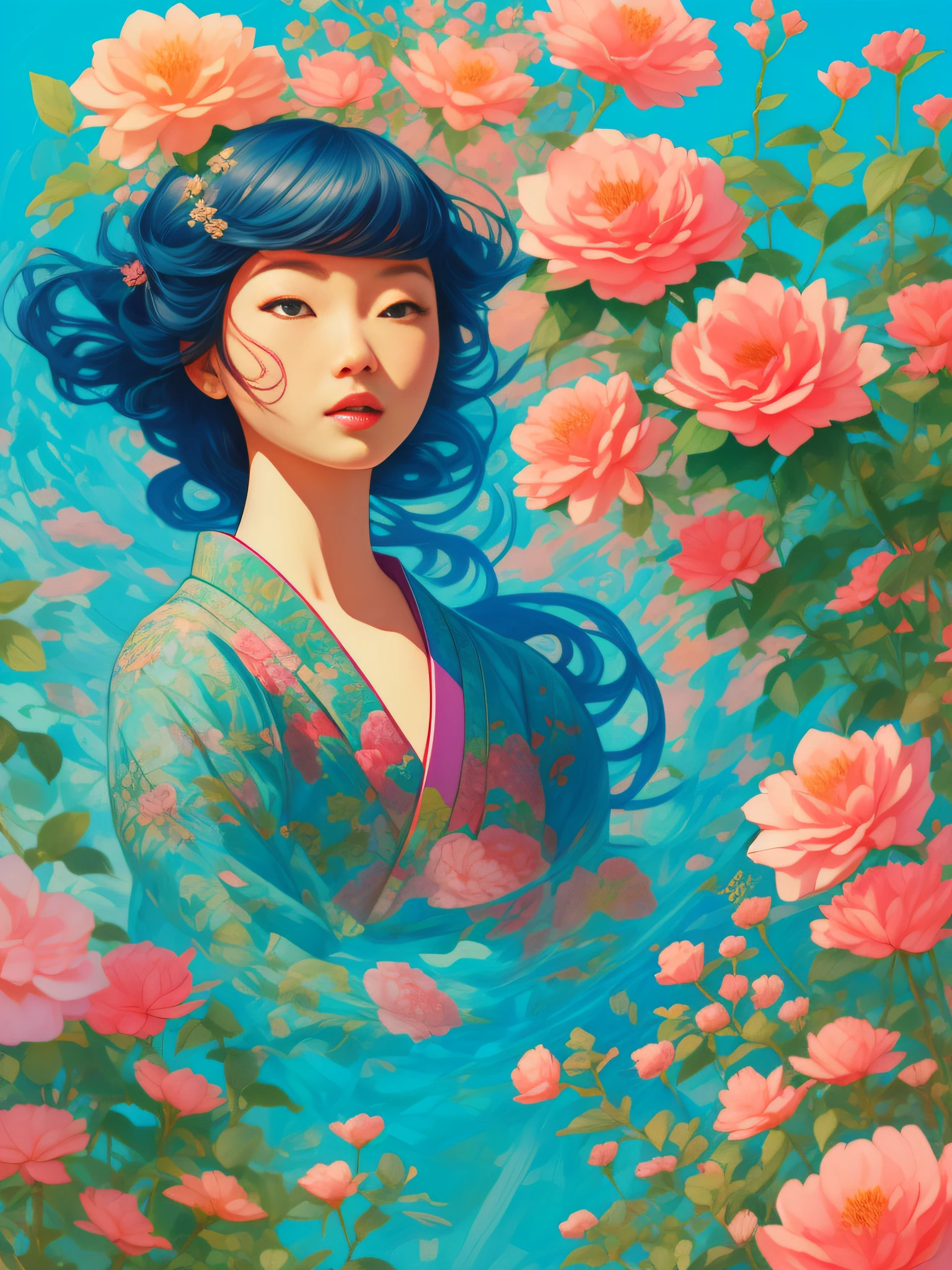 una mujer, con plantas a su alrededor, estilo de estética kitsch, exótico, Angulo alto, escenas de colores pastel, no puedo creer lo hermoso que es esto, Estampados de influencia japonesa, abundancia botánica, naomi okubo, Kris Caballero, florpunk, azul cielo y rosa, Jean Giraud, pastel suave, Forma orgánica , trazado de rayos, anáglifo, tirar, anatómicamente correcto, premiado, obra maestra--ar 3:4 --style raw 50 --s 2