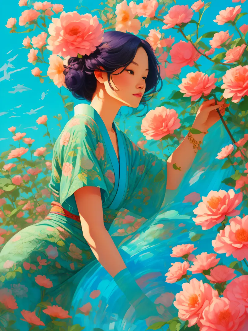 a woman, with plants around it, style of kitsch aesthetic, exotic, high-angle, pastel-colored scenes, i can't believe how beauti...