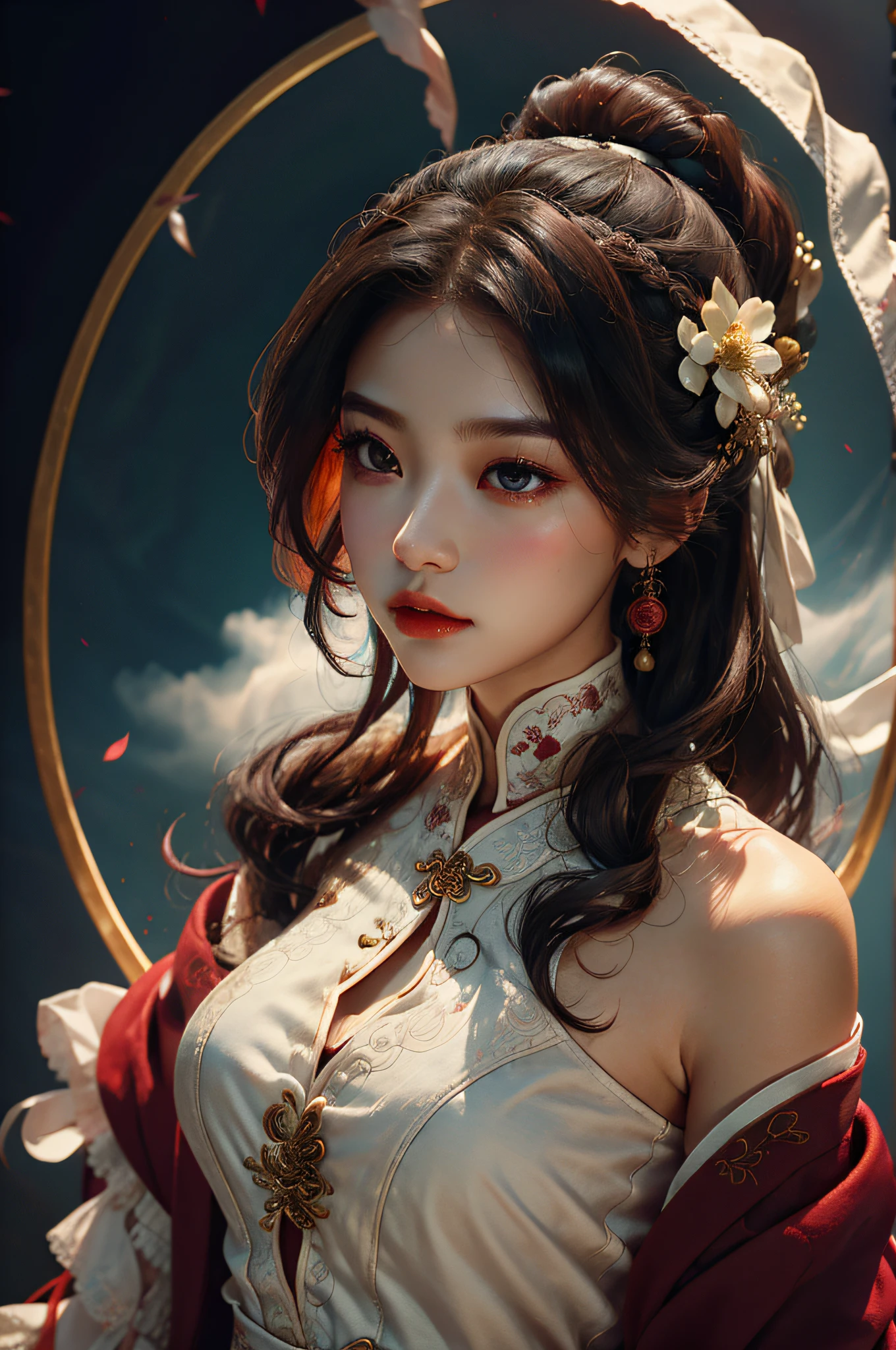 Zhong Fenghua， 1girl huge large breasts， （Whole human body） 独奏， Hanfu， flowers fields， blossom flower， （White smoke：1.3） （pphotorealistic：1.4），A coquettish expression，Bow your head shyly，Fawn rammed，Detailed expressions，The tension of love coming，disheveled hair，nmasterpiece，Absurde，Shy， Zen entanglement， a Mandala， entangled， offcial art， Unity 8k wallpaper， Ultra-detailded， Beautiful and beautiful， nmasterpiece，optimal quality， （dynamic angle：1.4）， Glowing skin， （Floating colorful flashes：1）The most beautiful forms of chaos，elegantly，Fauvistdesign，vividcolor，Romantic depth of field，ultra-high-resolution