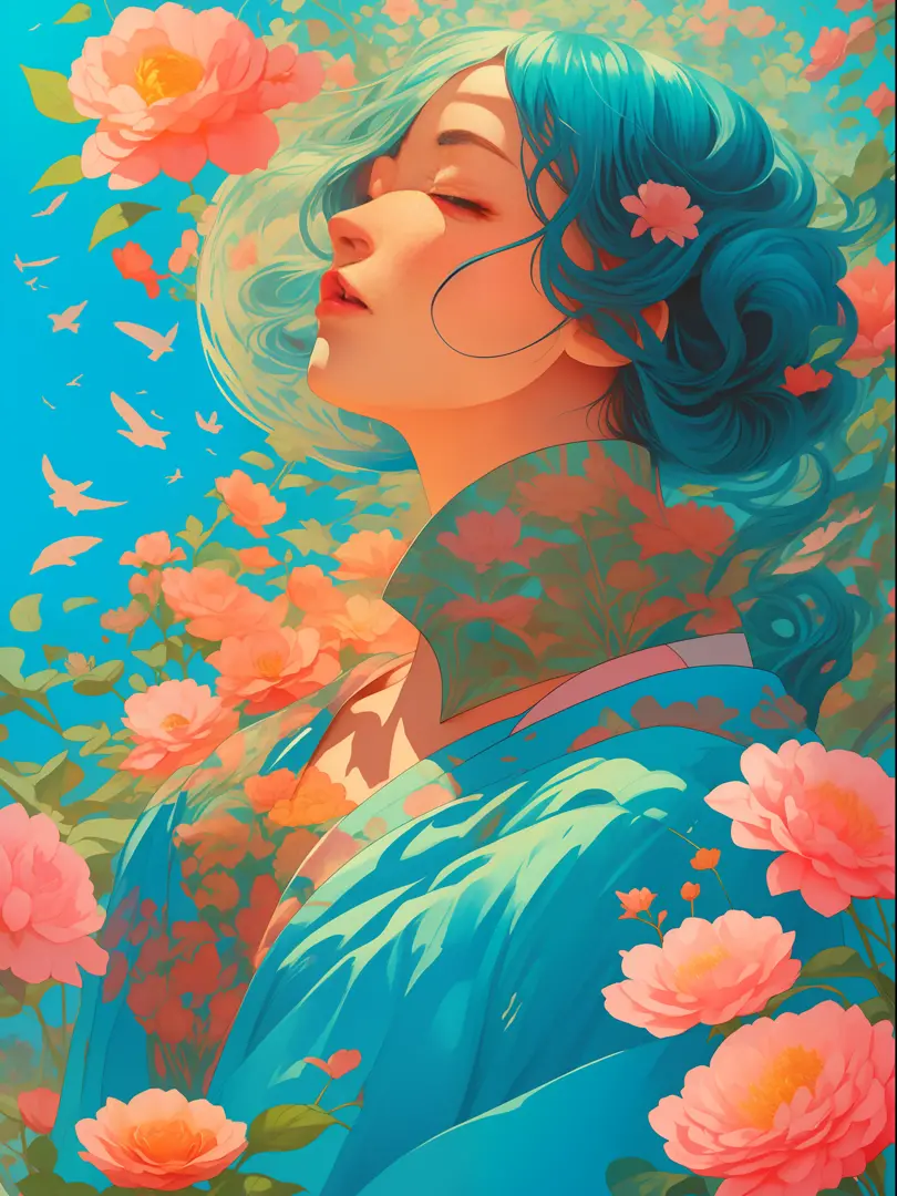 a woman, with plants around it, style of kitsch aesthetic, exotic, high-angle, pastel-colored scenes, i can't believe how beautiful this is, japanese-influenced prints, botanical abundance, naomi okubo, kris knight, flowerpunk, sky-blue and pink, jean gira...