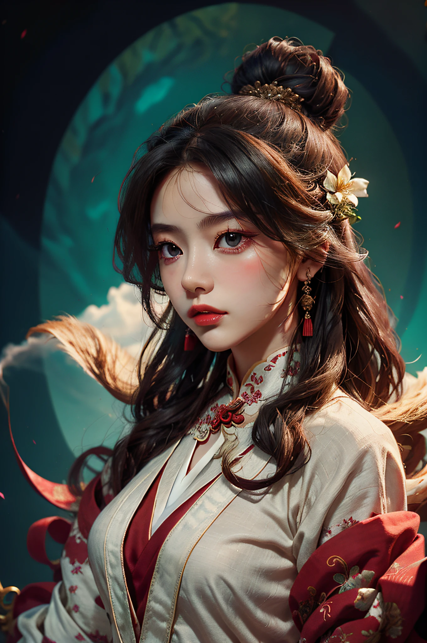 Zhong Fenghua， 1girl huge large breasts， （Whole human body） 独奏， Hanfu， flowers fields， blossom flower， （White smoke：1.3） （pphotorealistic：1.4），A coquettish expression，Bow your head shyly，Fawn rammed，Detailed expressions，The tension of love coming，disheveled hair，nmasterpiece，Absurde，Shy， Zen entanglement， a Mandala， entangled， offcial art， Unity 8k wallpaper， Ultra-detailded， Beautiful and beautiful， nmasterpiece，optimal quality， （dynamic angle：1.4）， Glowing skin， （Floating colorful flashes：1）The most beautiful forms of chaos，elegantly，Fauvistdesign，vividcolor，Romantic depth of field，ultra-high-resolution