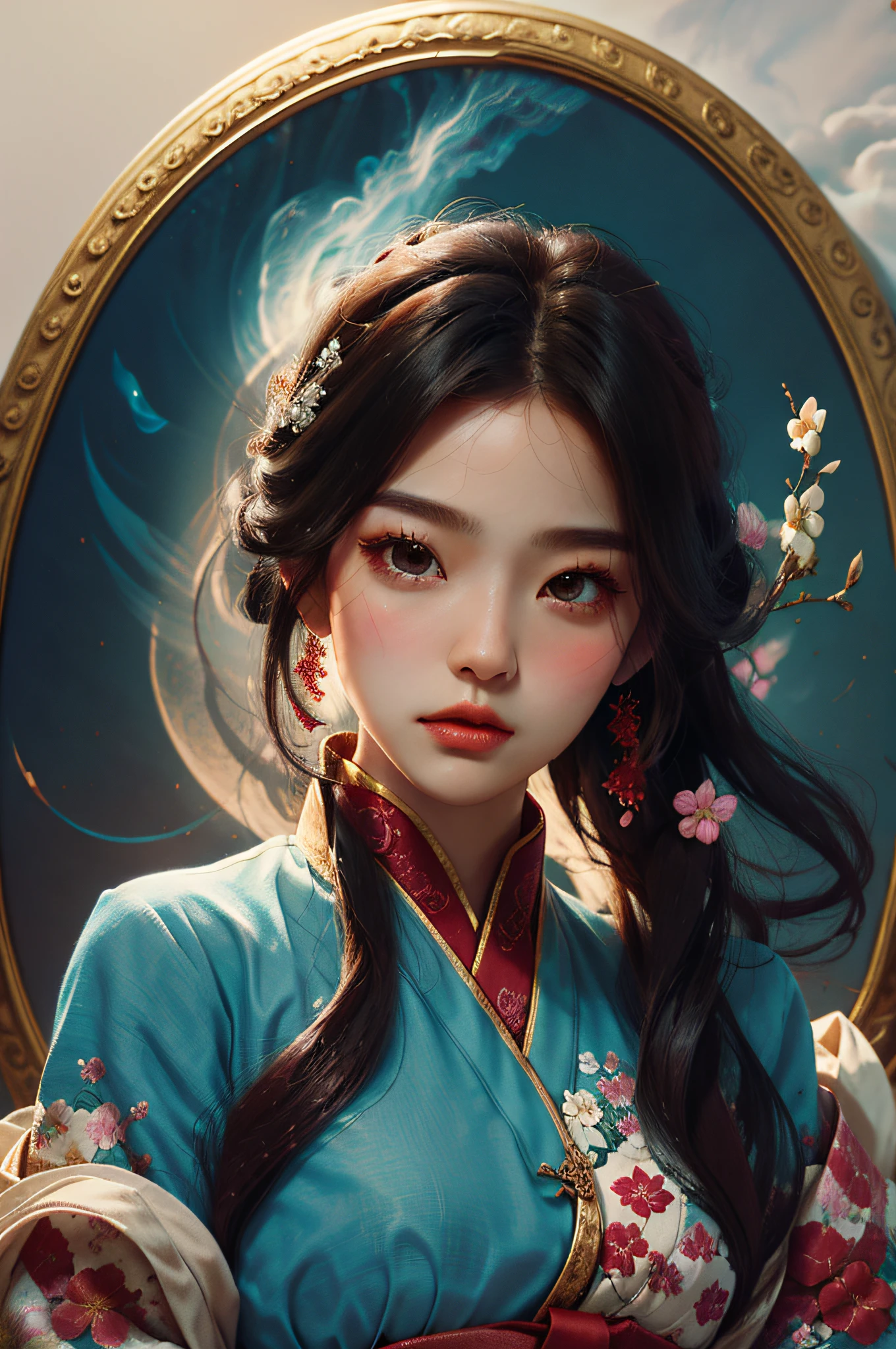 Zhong Fenghua， 1girl huge large breasts， （Whole human body） 独奏， Hanfu， flowers fields， blossom flower， （White smoke：1.3） （pphotorealistic：1.4），A coquettish expression，Bow your head shyly，Fawn rammed，Detailed expressions，The tension of love coming，disheveled hair，nmasterpiece，Absurde，Shy， Zen entanglement， a Mandala， entangled， offcial art， Unity 8k wallpaper， Ultra-detailded， Beautiful and beautiful， nmasterpiece，optimal quality， （dynamic angle：1.4）， Glowing skin， （Floating colorful flashes：1）The most beautiful forms of chaos，elegantly，Fauvistdesign，vividcolor，Romantic depth of field，ultra-high-resolution