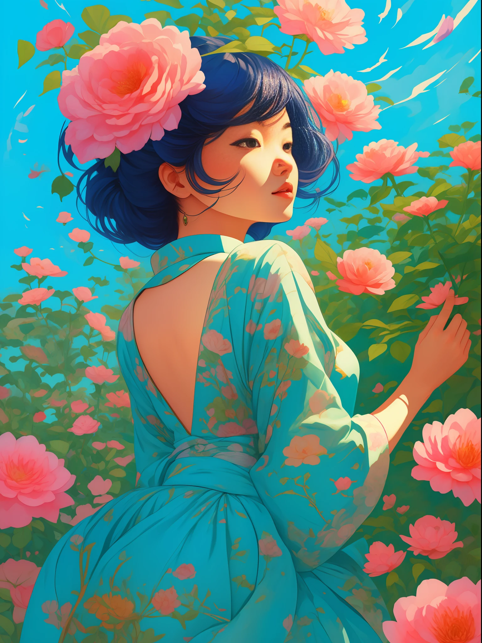 a woman, with plants around it, style of kitsch aesthetic, exotic, high-angle, pastel-colored scenes, i can't believe how beautiful this is, japanese-influenced prints, botanical abundance, naomi okubo, kris knight, flowerpunk, sky-blue and pink, jean giraud, soft pastel, organic form , ray tracing, anaglyph, pov, anatomically correct, award winning, masterpiece --ar 3:4 --style raw 50 --s 2