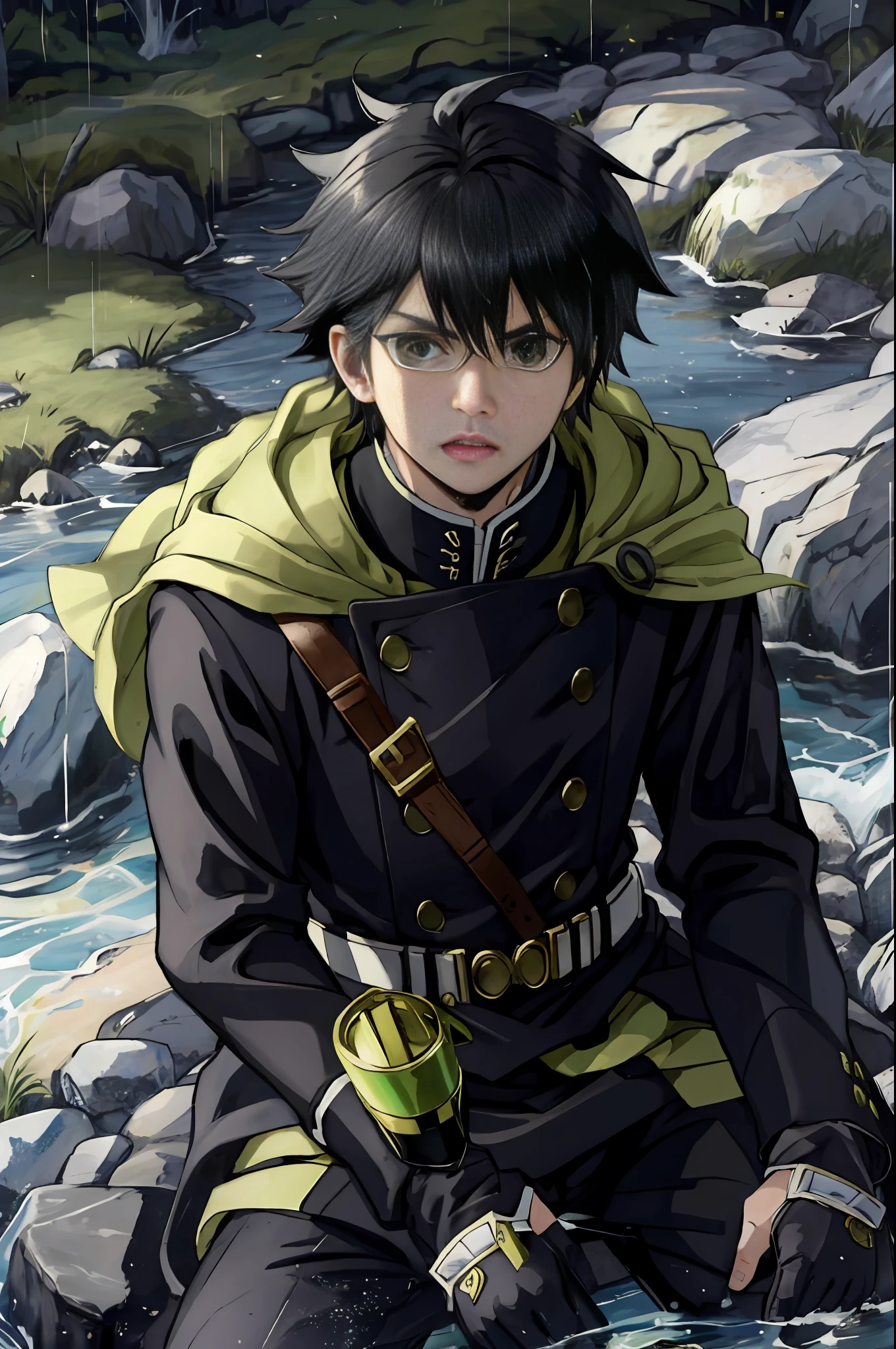 Hector Fey， Yuichiro Hyakuya（1 man），独奏， looking at the spectator， Serious， open mouth with，perspire，Drenched，Get wet，droolng， mitts，Male focus，Sit（Sit straddled），cloaks，military clothes，pov from below，