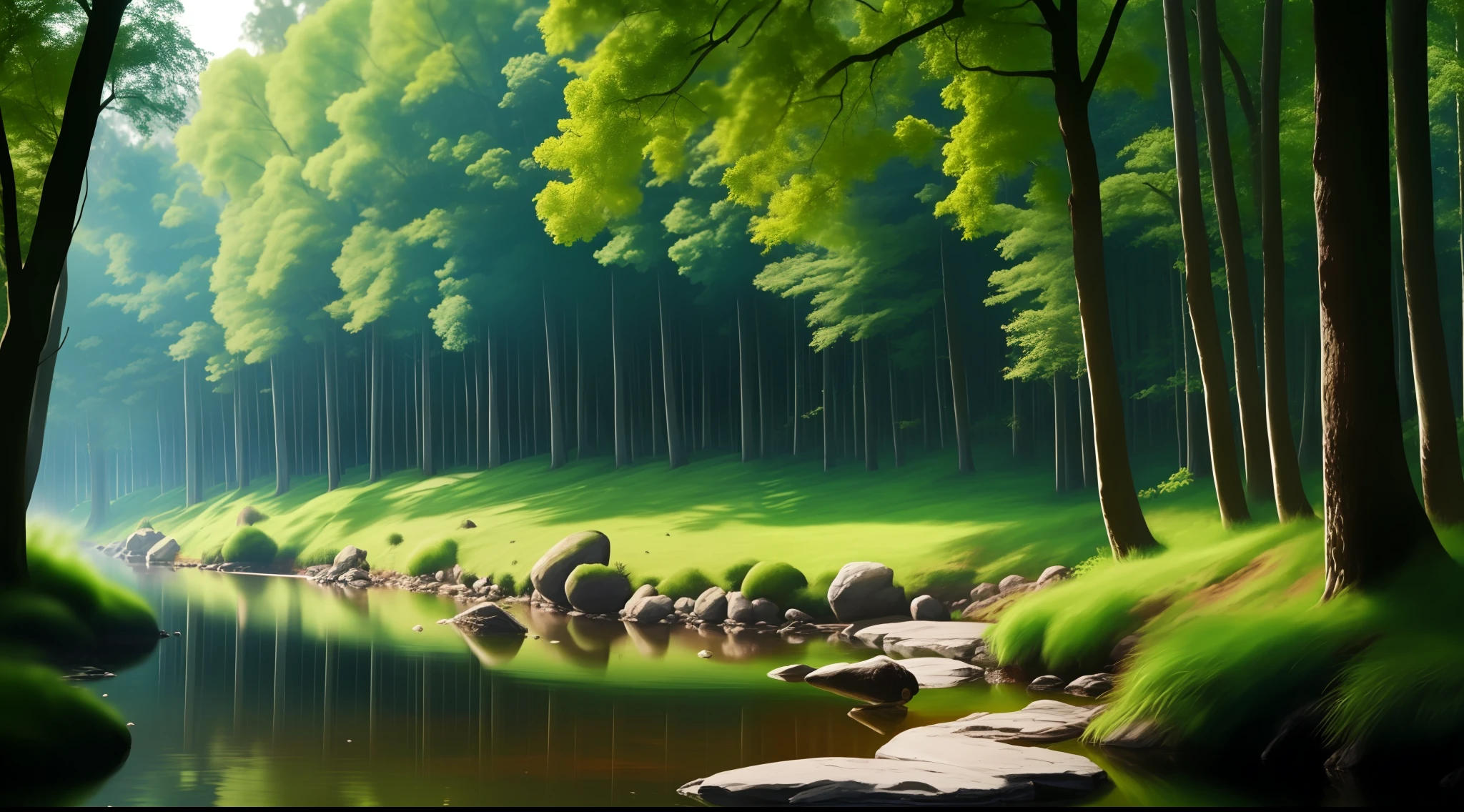 Forest, very bright, trees, bushes, animals, lake, (((( HD CLEAR )))) (((( HIGH RESOLUTION ))))