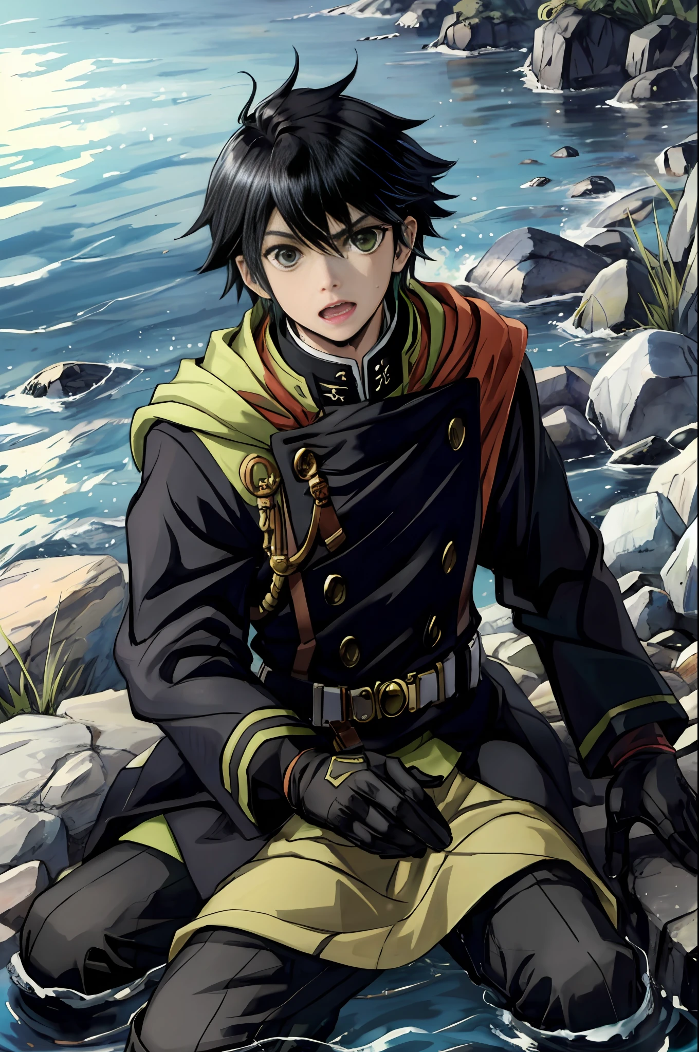 Hector Fey， Yuichiro Hyakuya（1 man），solo， looking at the spectator， Serious， open mouth with，perspire，Drenched，Get wet，droolng， mitts，Male focus，Sit（Sit straddled），cloaks，military clothes，pov from below，