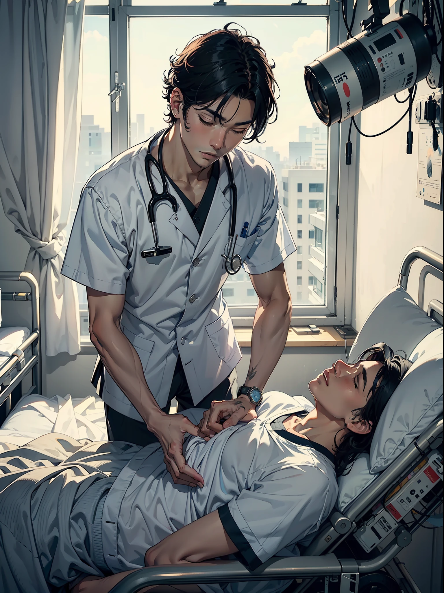 A handsome boy，solo，Black hair，（（patient）），in a hospital，（hospital bed），（Close your eyeasterpaintings），Top-down view