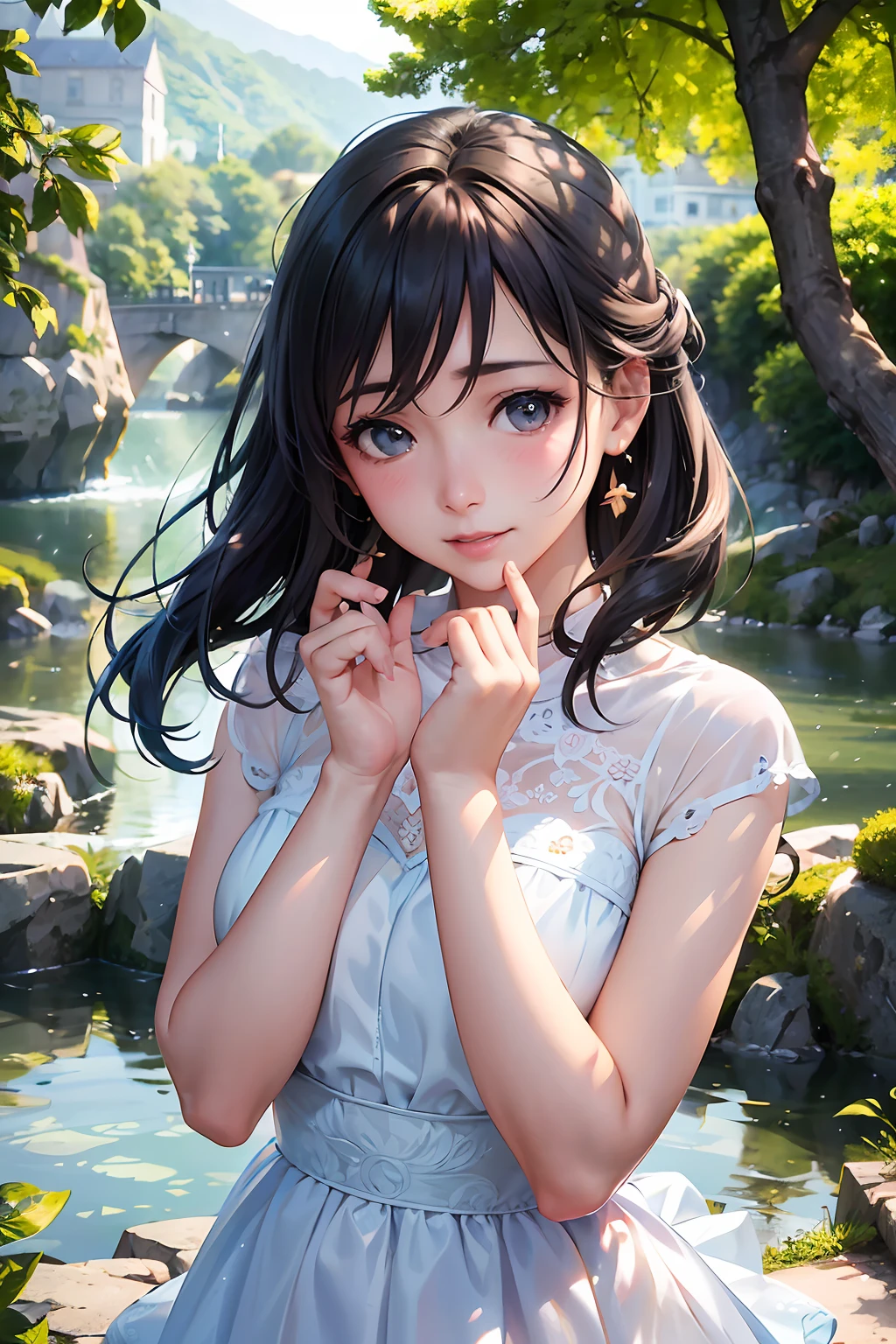 Girl wearing white transparent dress, shy blushing, realistic, w 