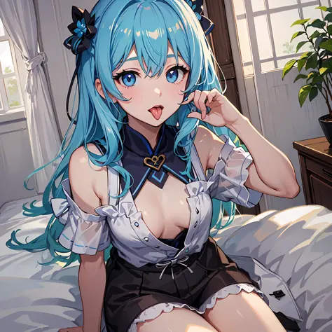 (((masterpeice)))、(((beste-Quality)))、Hi-Res、 sitting on、 (Cute One Girl)))、独奏、White Skin Skin、small tits、Eight-headed body、(light blue  hair)、((shorth hair))、((Pattsun bangs))、Beautiful hair、blue eyed、Beautiful Eyes of Details、((tongue))、Red face、heart、Ni...