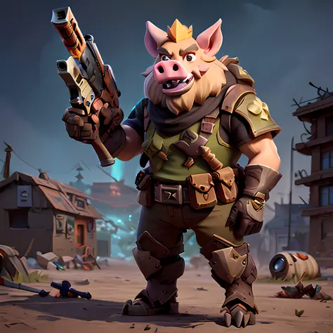 lovly，cartoonish style，Two-headed body ratio，Close-up of a cartoon pigman with a gun,  Anthropomorphic warrior pig, Riot Games c...