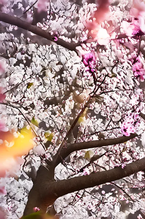 araffe tree with pink flowers and a street light in the background, cherry blosom trees, sakura flowers, cherry-blossom-tree, cherry-blossom-tree, cherry-blossom-tree, cherry blossoms in the wind, spring evening, sakura season dynamic lighting, blossoming,...
