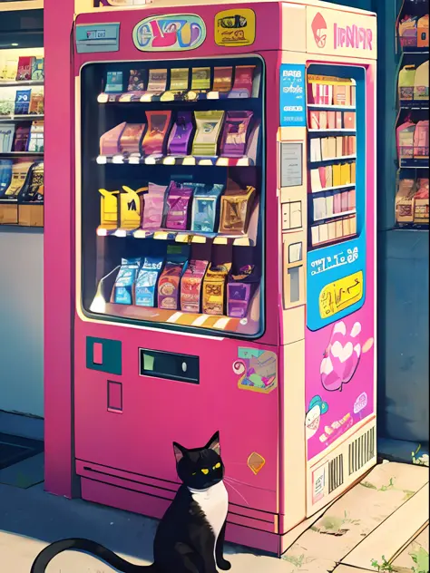 masterpiece, best quality, 1girl, vending machine, cat, wide shot, solo, squatting, short sleeves, skirt, building, shop, shoes,...