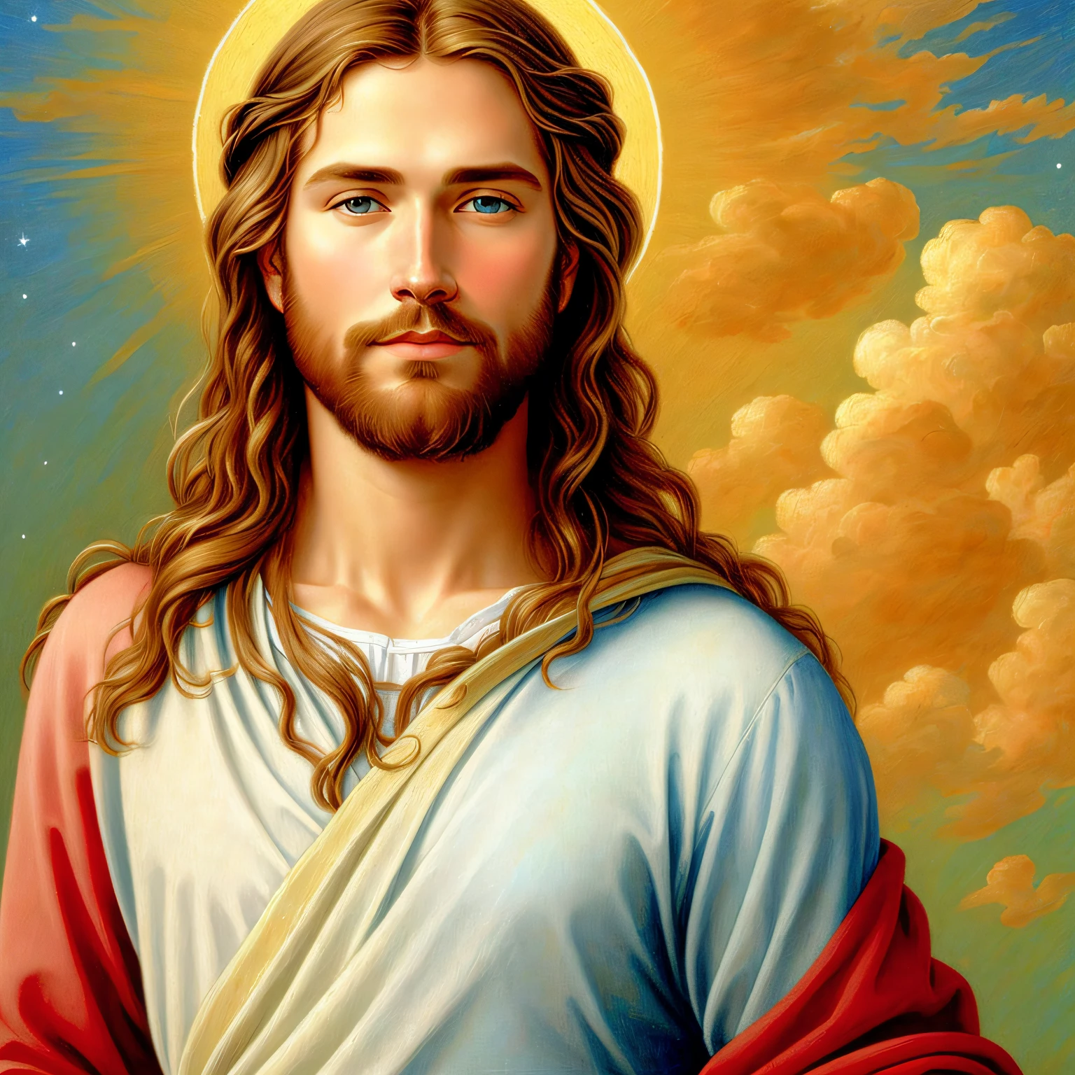 Jesus Christ，hightquality，highly - detailed，（Celestial beings），painting of a，Greg Olsen's style