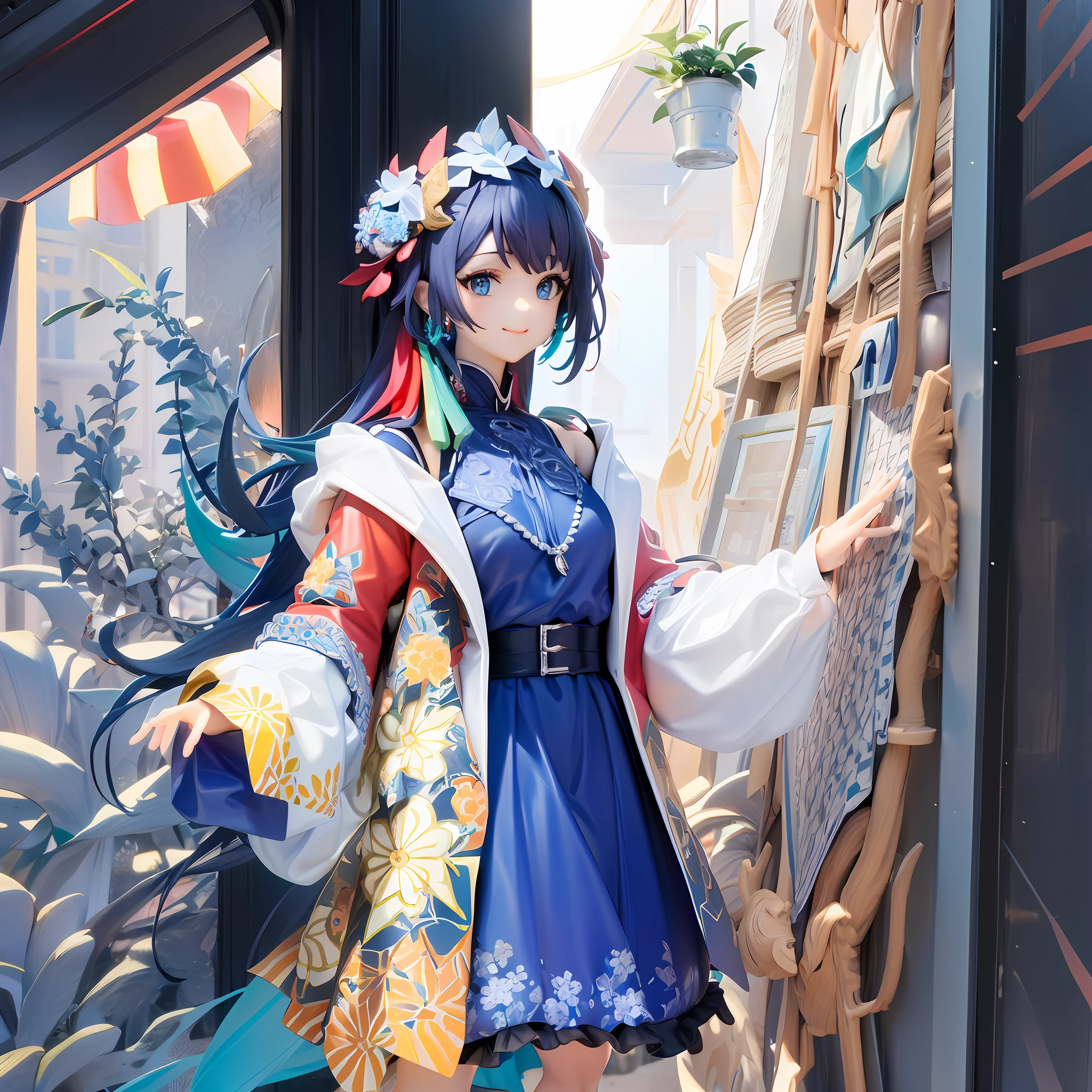 Teen girls、atelier、colourfull、blue hairs、length hair、Blue eyes、Crown of red and white flowers、a smile、Colorful earrings、Sleeveless glittering blue dress、Luxurious necklaces、Colorful haori（Golden flower pattern）、Watching your audience、inside the house、daytime