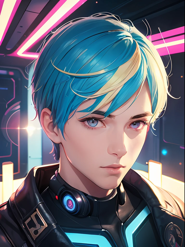 1boy, solo, male focus, transgender male, flat chest, blue hair, blonde hair, purple eyes, two tone hair, depth of field, standing in a spaceship, (fantasy), (lens flare, light leak, prismastic), shiny skin, cg, (sidelighting), (cyberpunk), dynamic angle, (close up)