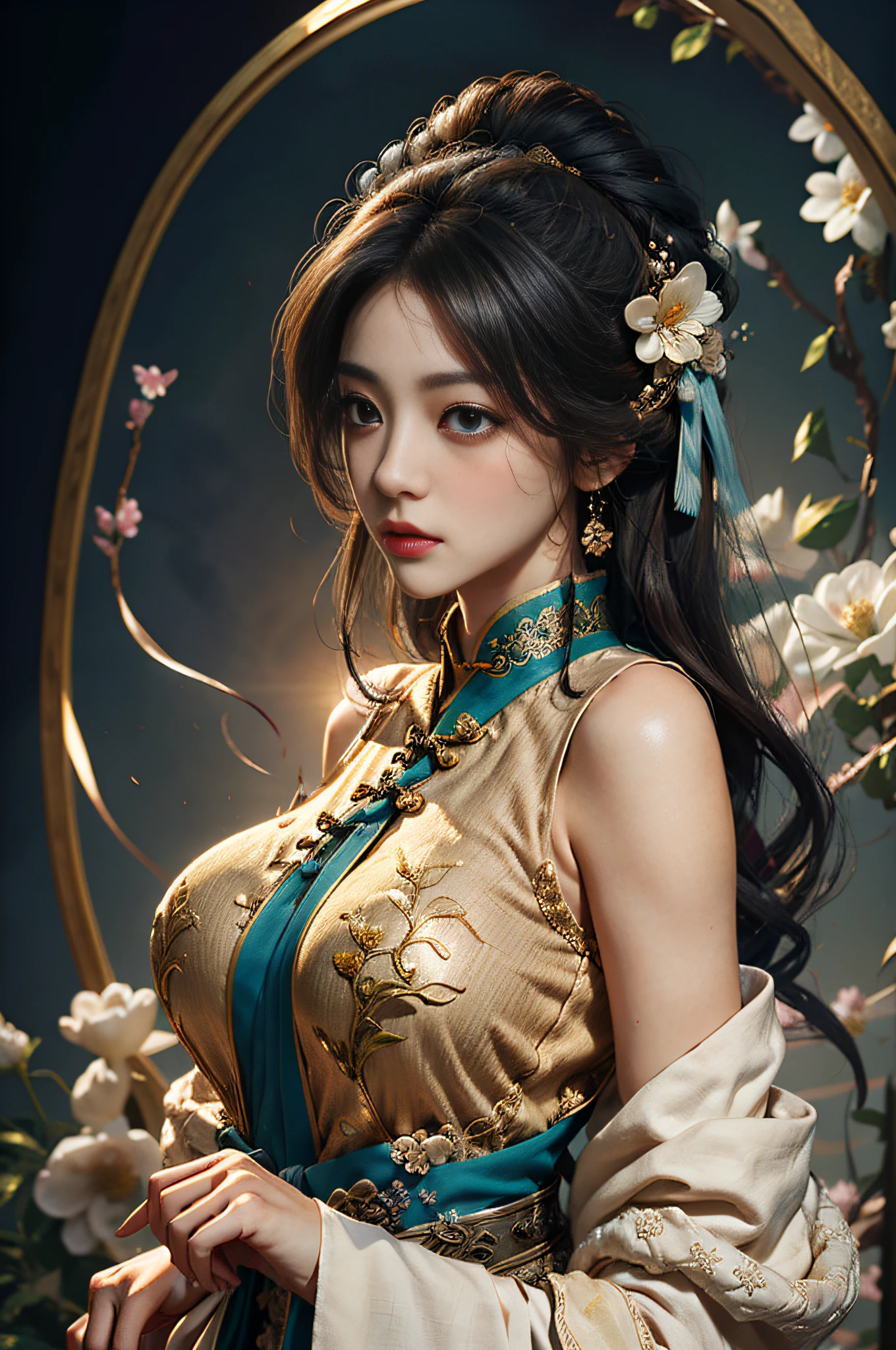 Zhong Fenghua， 1girl huge large breasts， （Whole human body） 独奏， Hanfu， flowers fields， blossom flower， （White smoke：1.3） （pphotorealistic：1.4），A coquettish expression，Bow your head shyly，Fawn rammed，Detailed expressions，The tension of love coming，disheveled hair，nmasterpiece，Absurde，Shy， Zen entanglement， a Mandala， entangled， offcial art， Unity 8k wallpaper， Ultra-detailded， Beautiful and beautiful， nmasterpiece，optimal quality， （dynamic angle：1.4）， Glowing skin， （Floating colorful flashes：1）The most beautiful forms of chaos，elegantly，Fauvistdesign，vividcolor，Romantic depth of field，ultra-high-resolution