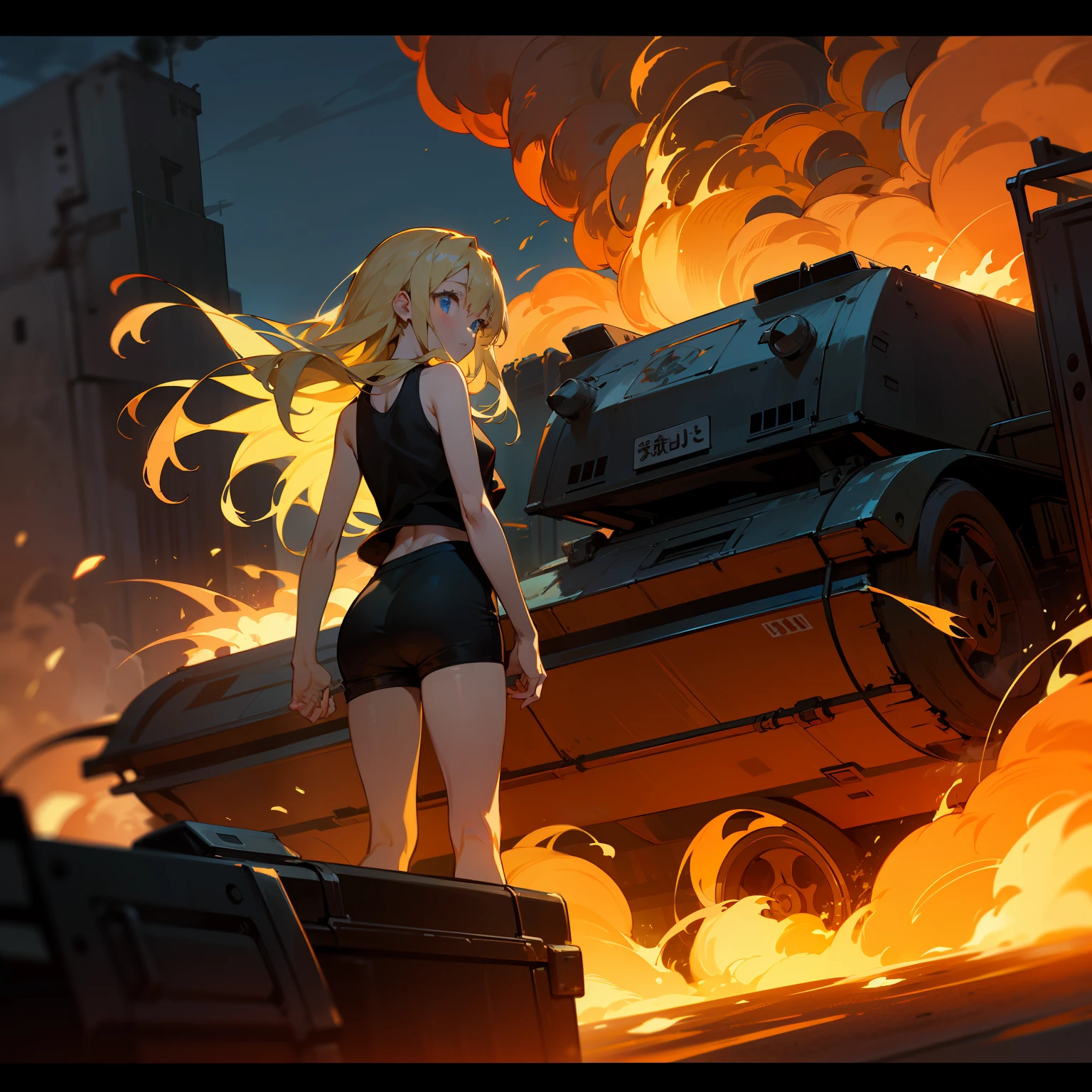 A masterpice, Top image quality, Hi-Def, Beautiful blonde girl、Whole human body、Blue eyes、deadpan、Black tank top、Black spats、semi long hair、The  is standing、showing butt、by night、Military base blown up in flames、Armored car blasting into flames、