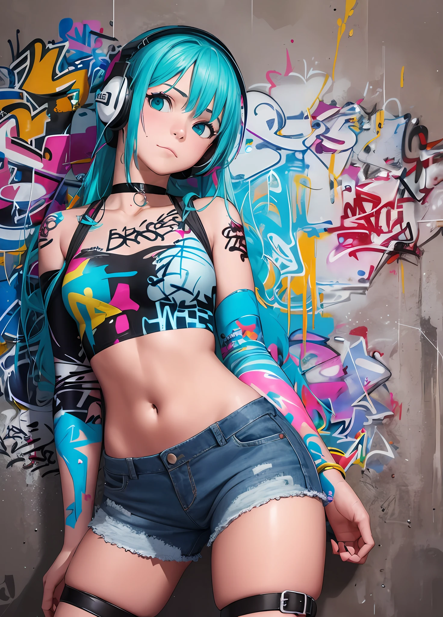 masterpiece, best quality, 1girl, solo, crop top, denim shorts, choker, (graffiti:1.5), paint splatter, arms behind back, against wall, looking at viewer, armband, thigh strap, paint on body, head tilt, bored, multicolored hair, aqua eyes, headset,