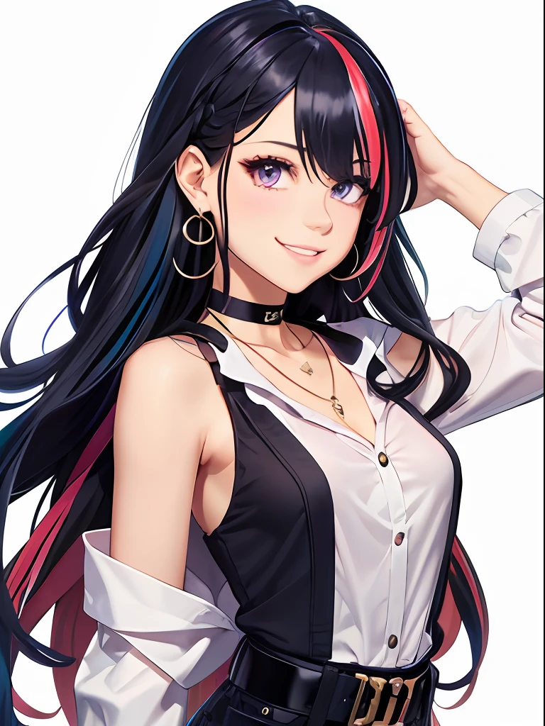 1girl, bangs, belt, black choker, black pants, blue hair, blush, breasts, choker, clothes around waist, collarbone, earrings, grin, hair over one eye, heart, heart choker, jacket, jewelry, long hair, looking at viewer, medium breasts, multicolored hair, necklace, pants, purple eyes, red hair, shirt, shirt tucked in, simple background, sleeveless, sleeveless shirt, smile, solo, sparkle, streaked hair, upper body, very long hair, virtual youtuber, wavy hair, white background, white shirt