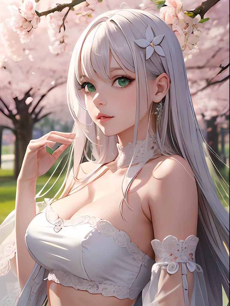 masterpiece, best quality, 1girl, solo, long hair, green eyes, white hair, hair ornament, detached sleeves, midriff, breasts, lips, looking at viewer,bare shoulders, medium breasts, cherry blossoms, upper body,