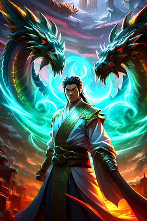 schoolboy ，xiu xian,dragon-inspired cloth robes, fight warcraft， anime fantasy artwork, chinese fantasy,