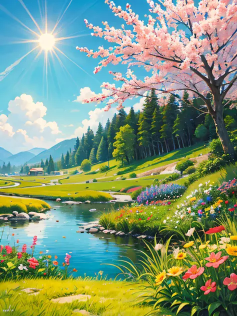 facefront，comic strip，Side Body，Sorissos，This is a spring landscape painting，outskirts，Multicolored flowers，and the sun is shini...