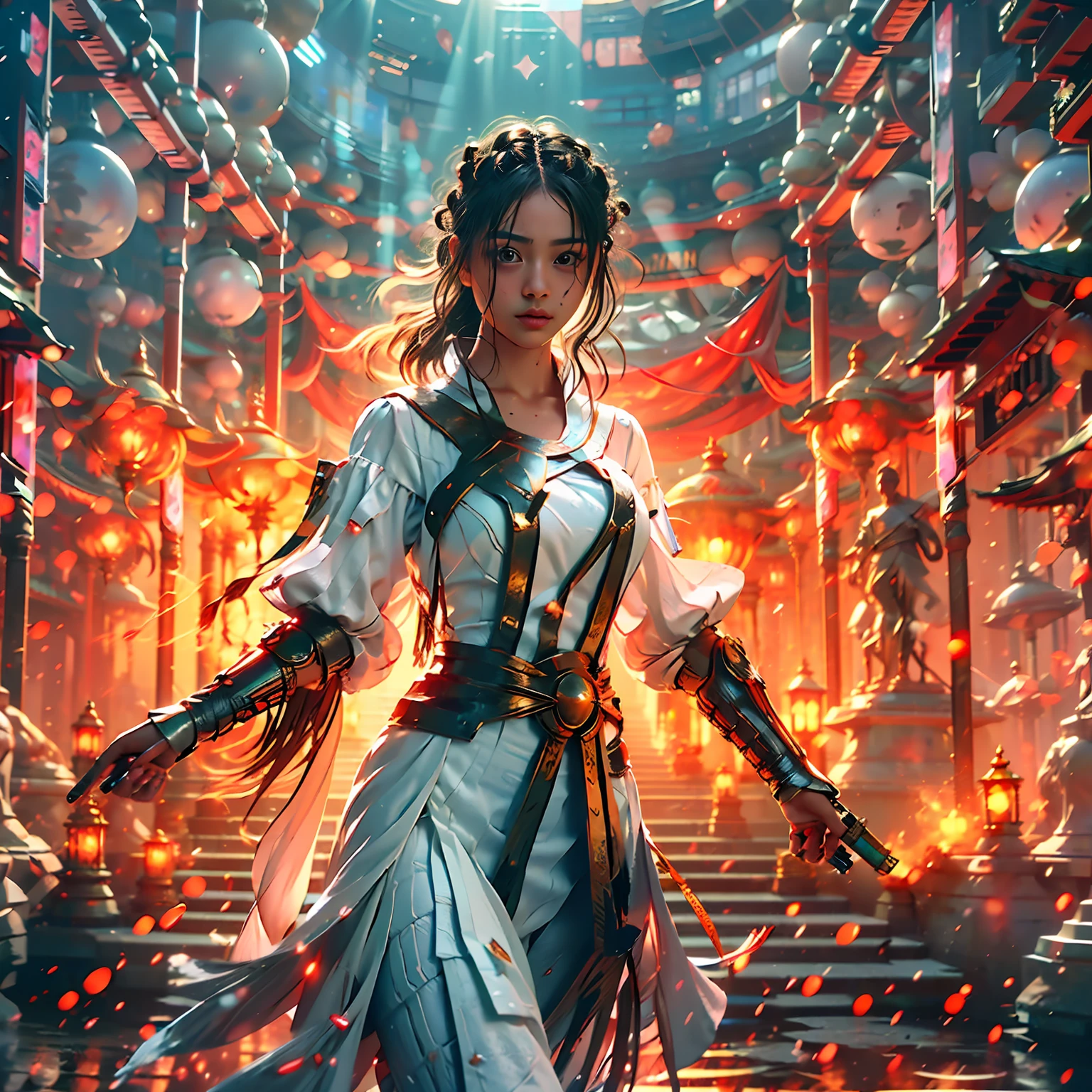 A woman in a white dress holding a sword in a fire filled room - SeaArt AI