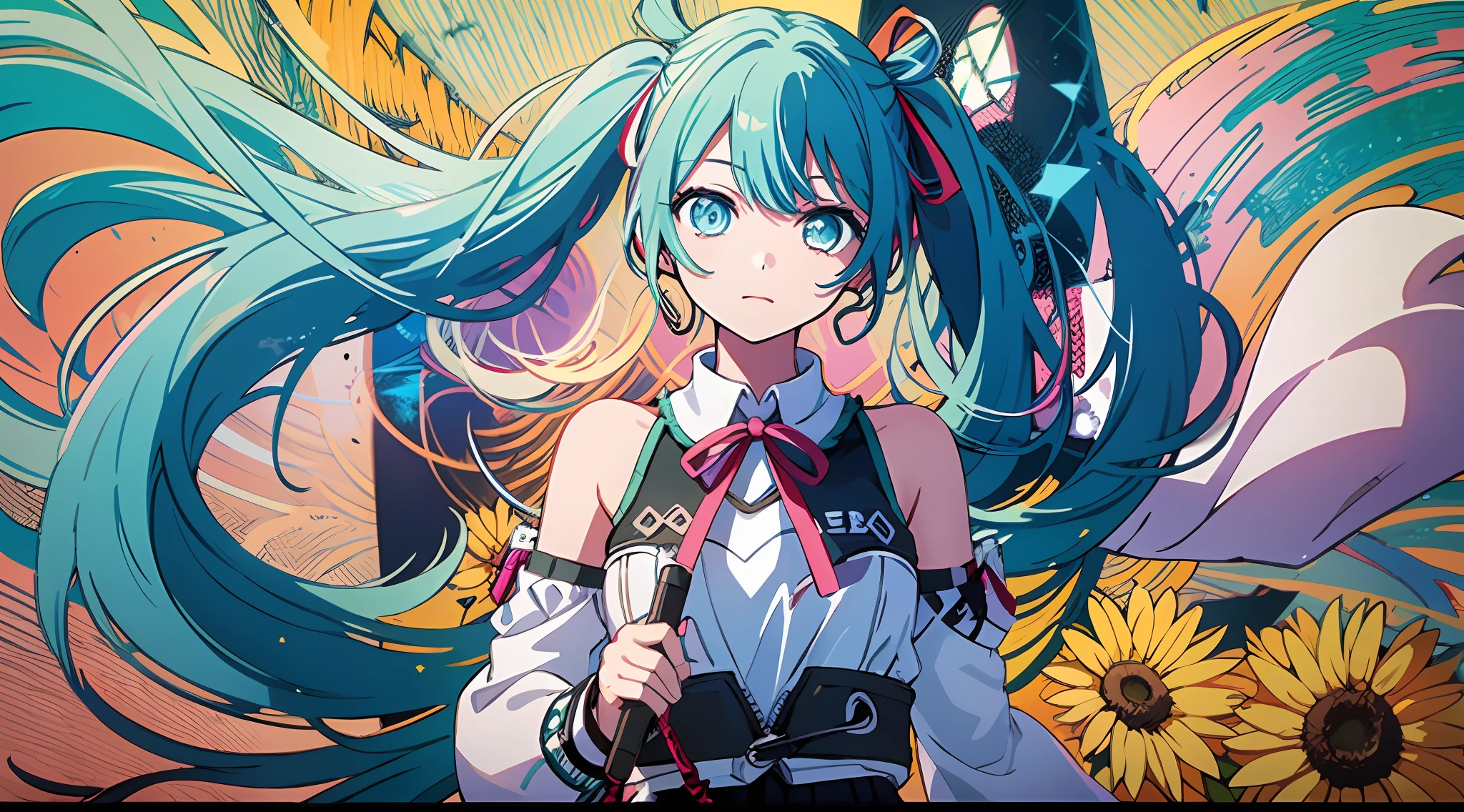 (Masterpiece), (Best Quality), (Super Detail), (disheveled Hair), (Illustration), (One Girl), (Fashionable Clothes), Hatsune Miku, Standing, Fashion Model, Seeing the Beholder, (Interview), (Simple Background), Finely Beautiful Eyes, Delicate Beautiful Face, Floating, (High Saturation), (Colorful Splash), Colorful Bubble, (Shine), Focus on the Face, Ponytail, Ayaka Kamisato, light blue hair, bangs, hair ring, floating flowers, floating hair, (shining), best lighting, best shadow,