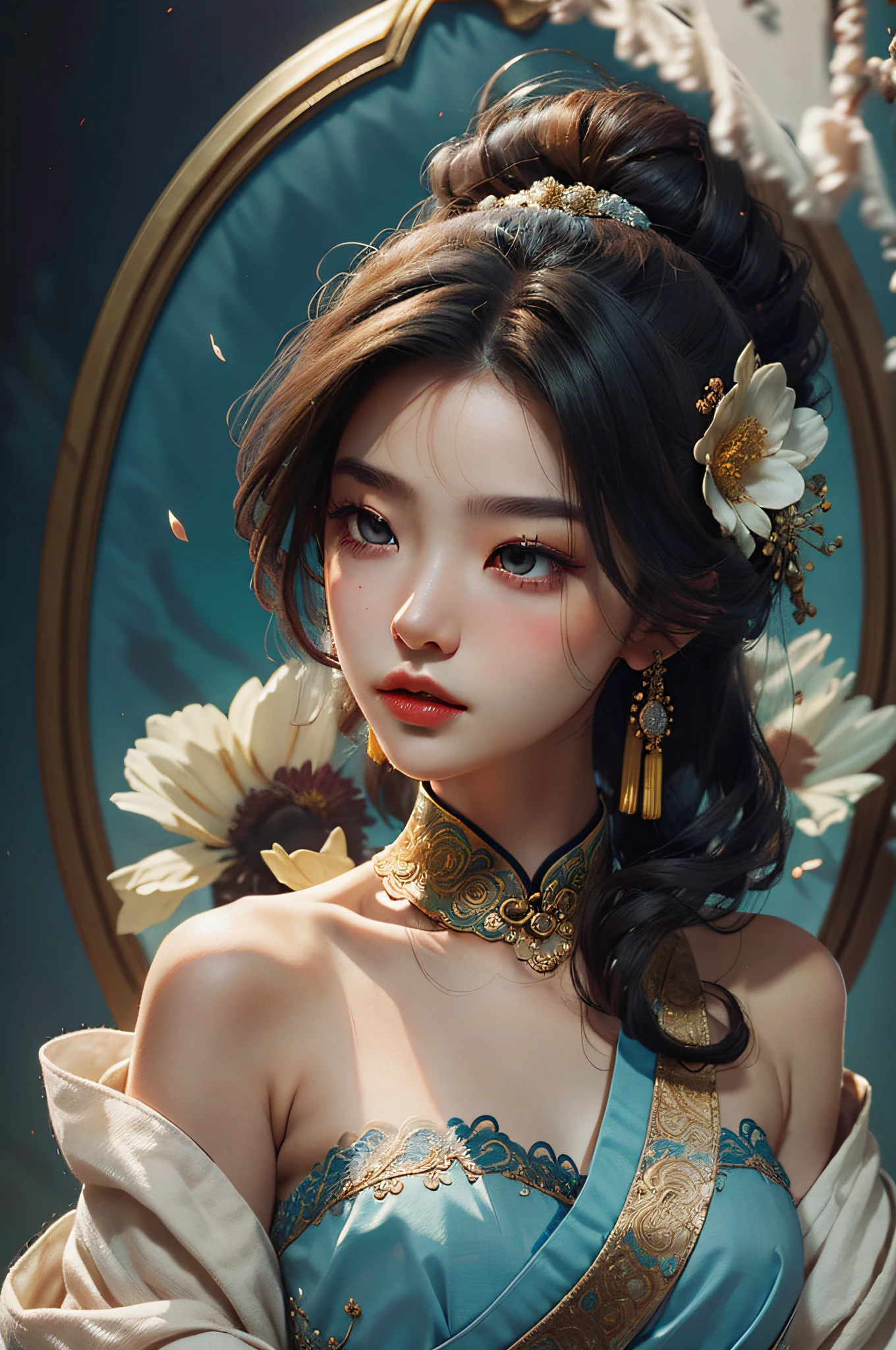 Zhong Fenghua， 1girl huge large breasts， （Whole human body） 独奏， Hanfu， flowers fields， blossom flower， （White smoke：1.3） （pphotorealistic：1.4），A coquettish expression，Bow your head shyly，Fawn rammed，Detailed expressions，The tension of love coming，disheveled hair，nmasterpiece，Absurde，Shy， Zen entanglement， a Mandala， entangled， offcial art， Unity 8k wallpaper， Ultra-detailded， Beautiful and beautiful， nmasterpiece，optimal quality， （dynamic angle：1.4）， Glowing skin， （Floating colorful flashes：1）The most beautiful forms of chaos，elegantly，Fauvistdesign，vividcolor，Romantic depth of field，ultra-high-resolution