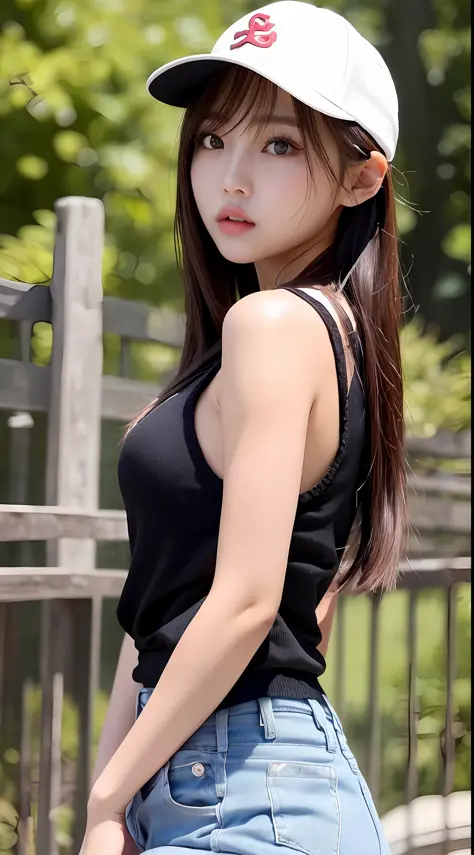 there is a woman that is looking out of a gate, young adorable korean face, Young and cute Asian face, young asian girl, A young Asian woman, Beautiful young Korean woman, wearing a baseball hat, portrait of a japanese teen, Young asian woman, Korean girl,...