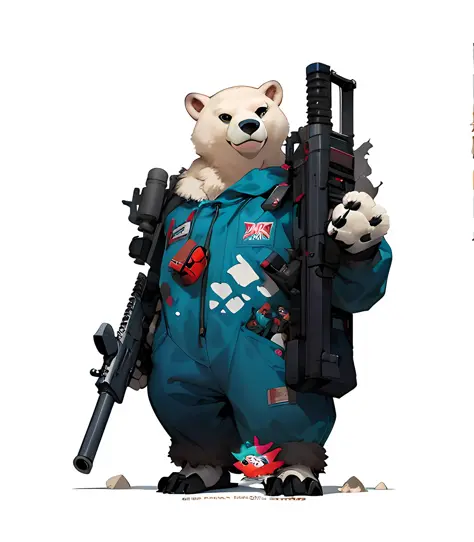 cartoonish style，lovly，In Pixar style，Doomsday crisis theme，Cartoon image of a polar bear man wearing a mecha holding a Gatling gun, Anthropomorphic polar bear man，art stations, Wasteland theme，Broken clothing，From Pixar Studios， Animal anthropomorphic car...