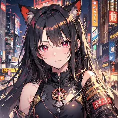 beste-Quality、8K))One woman　Anime girl with long black hair and cat ears、tohsaka-rin、anime moe art style、Fate/Anime style like Stay Night、long hair anime girl、extremely cute anime girl face、nightcore、From the front line of girls、Portrait of a cute anime gi...