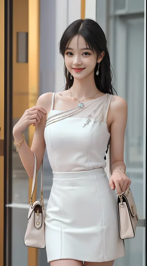 (high quality, super high detail, colorful skirt, (shoulder-length hair), (slim, delicate facial features, girl wearing fashiona...
