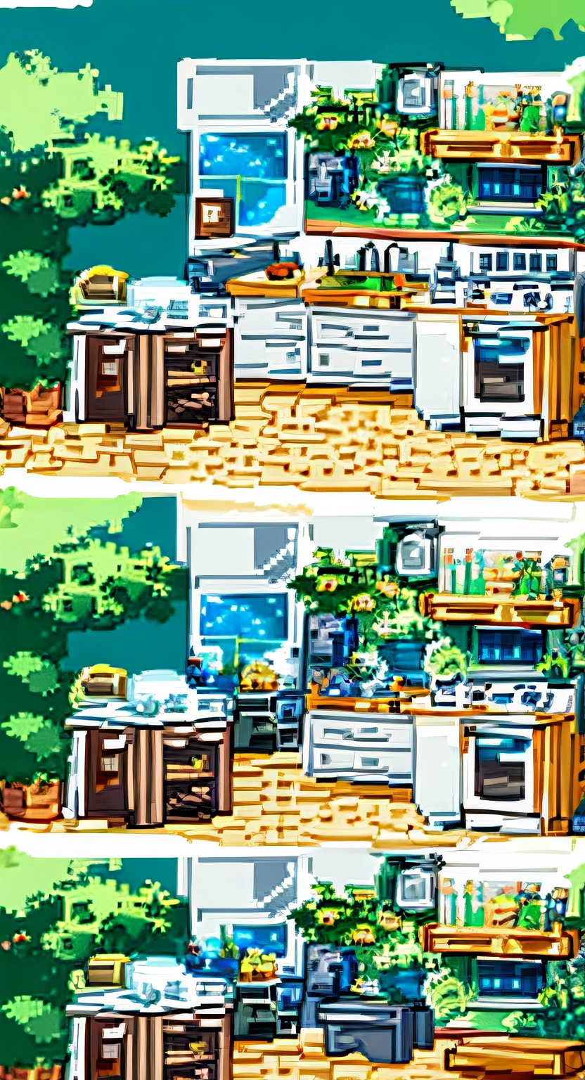 painting of a kitchen with a stove，Pixel art