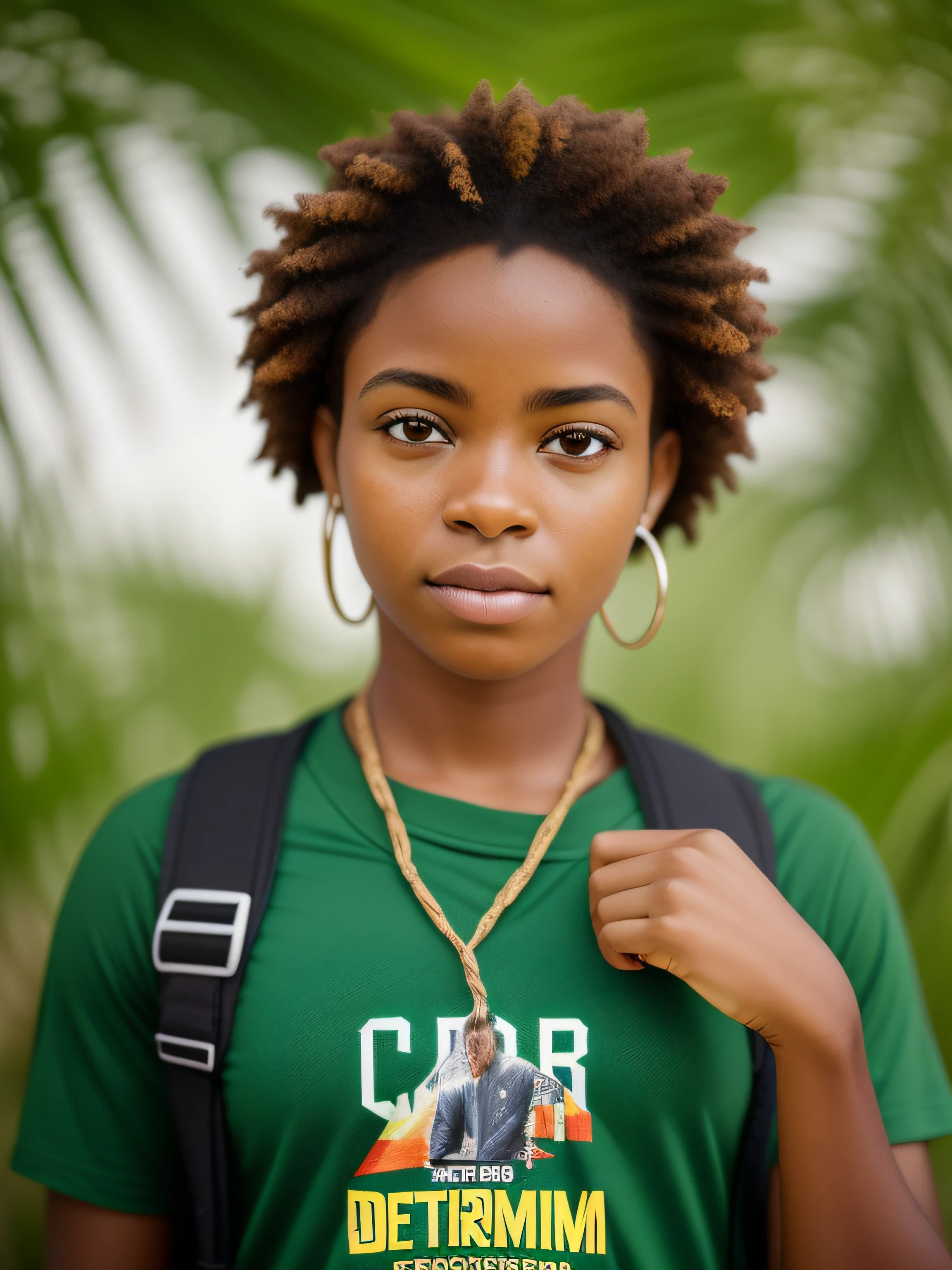 Photo portrait primée d’une jeune femme ougandaise prise à partir de la taille, porter un t-shirt blanc,  bokeh, rétroéclairé, (La couleur marron dans les détails: 1.1), téléobjectif, Atmosphère élégante, Des détails réalistes et complexes, Vrai teint de peau, incrustation chromatique de screem vert d’arrière-plan.