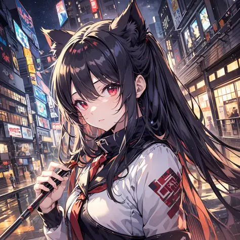 beste-Quality、8K))One woman　Anime girl with long black hair and cat ears、tohsaka-rin、anime moe art style、Fate/Anime style like Stay Night、long hair anime girl、extremely cute anime girl face、nightcore、From the front line of girls、Portrait of a cute anime gi...