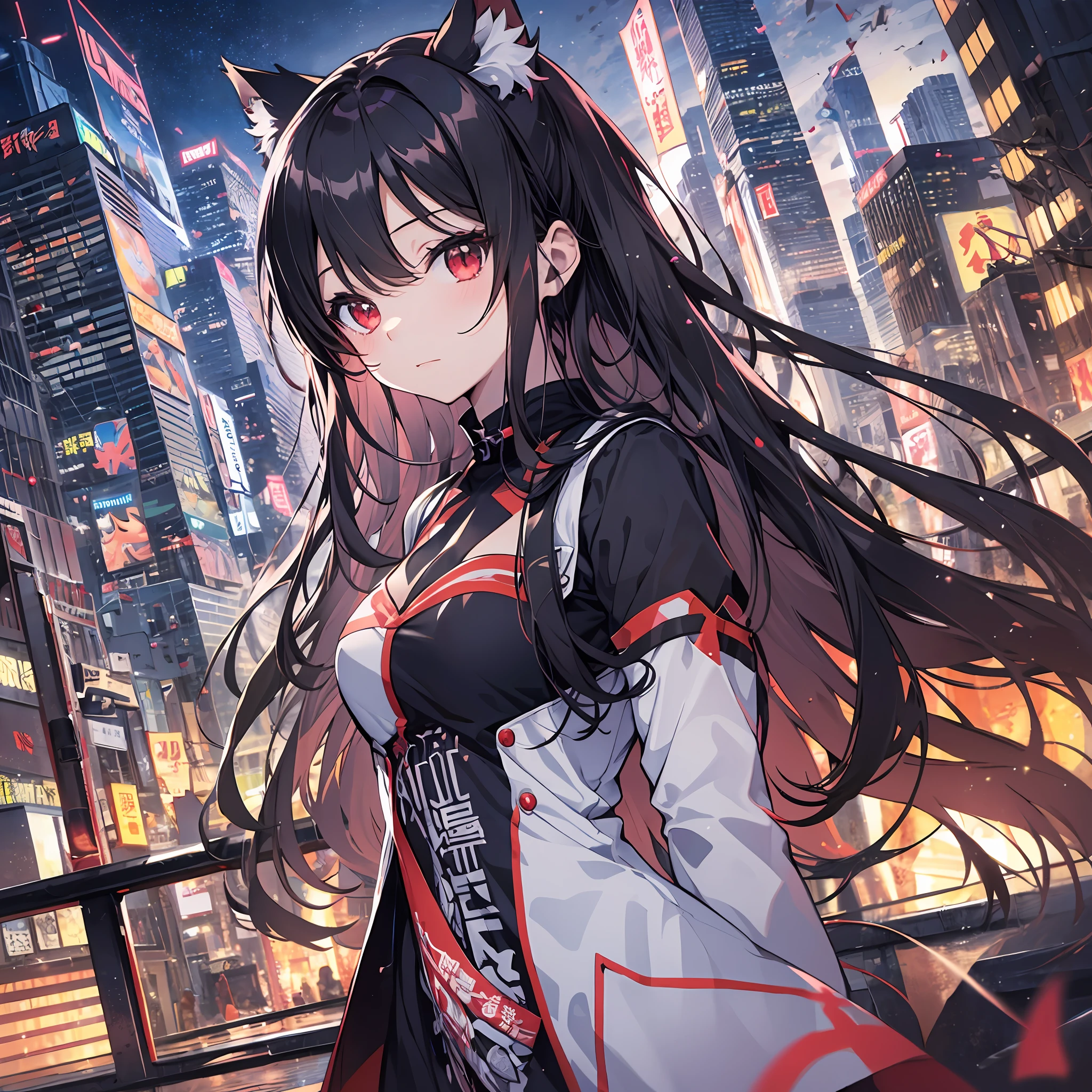 beste-Quality、8K))One woman　Anime girl with long black hair and cat ears、tohsaka-rin、anime moe art style、Fate/Anime style like Stay Night、long hair anime girl、extremely cute anime girl face、nightcore、From the front line of girls、Portrait of a cute anime girl、Anime girl with cat ears、High quality anime art style、 beautiful anime woman　　Night mood　Red eyes　Night Pool　swimsuiti　ful body