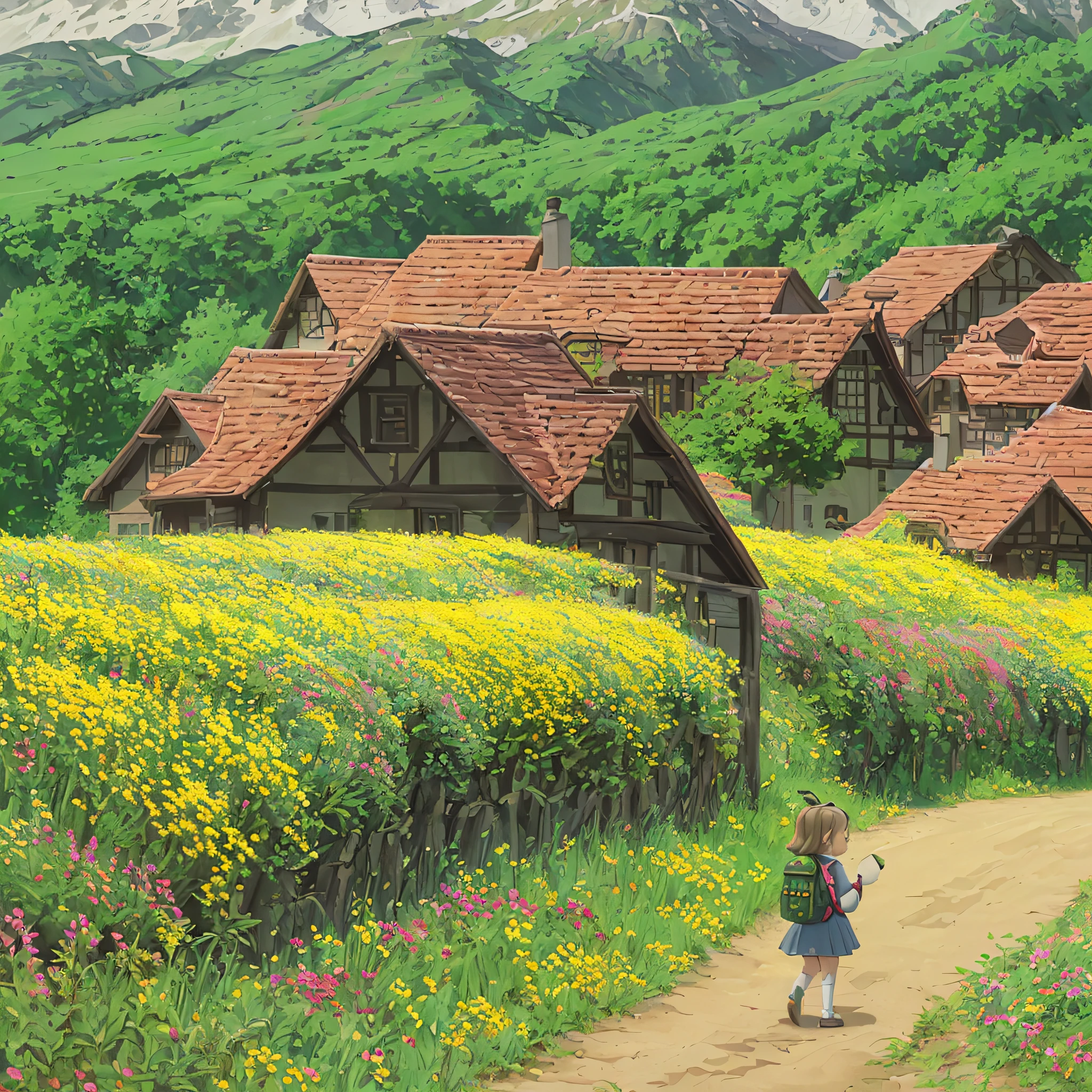 A very charming little girl with a backpack and her cute little dog enjoying a cute spring excursion surrounded by beautiful yellow flowers and nature. Disney style with highly detailed facial features and cartoon-style visuals